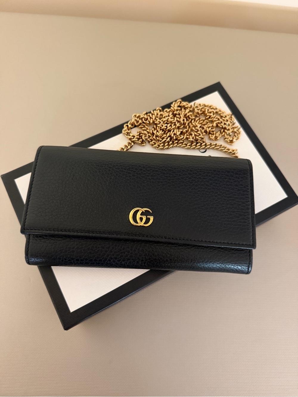 Gucci Black Leather GG Chain Wallet with Gold Hardware